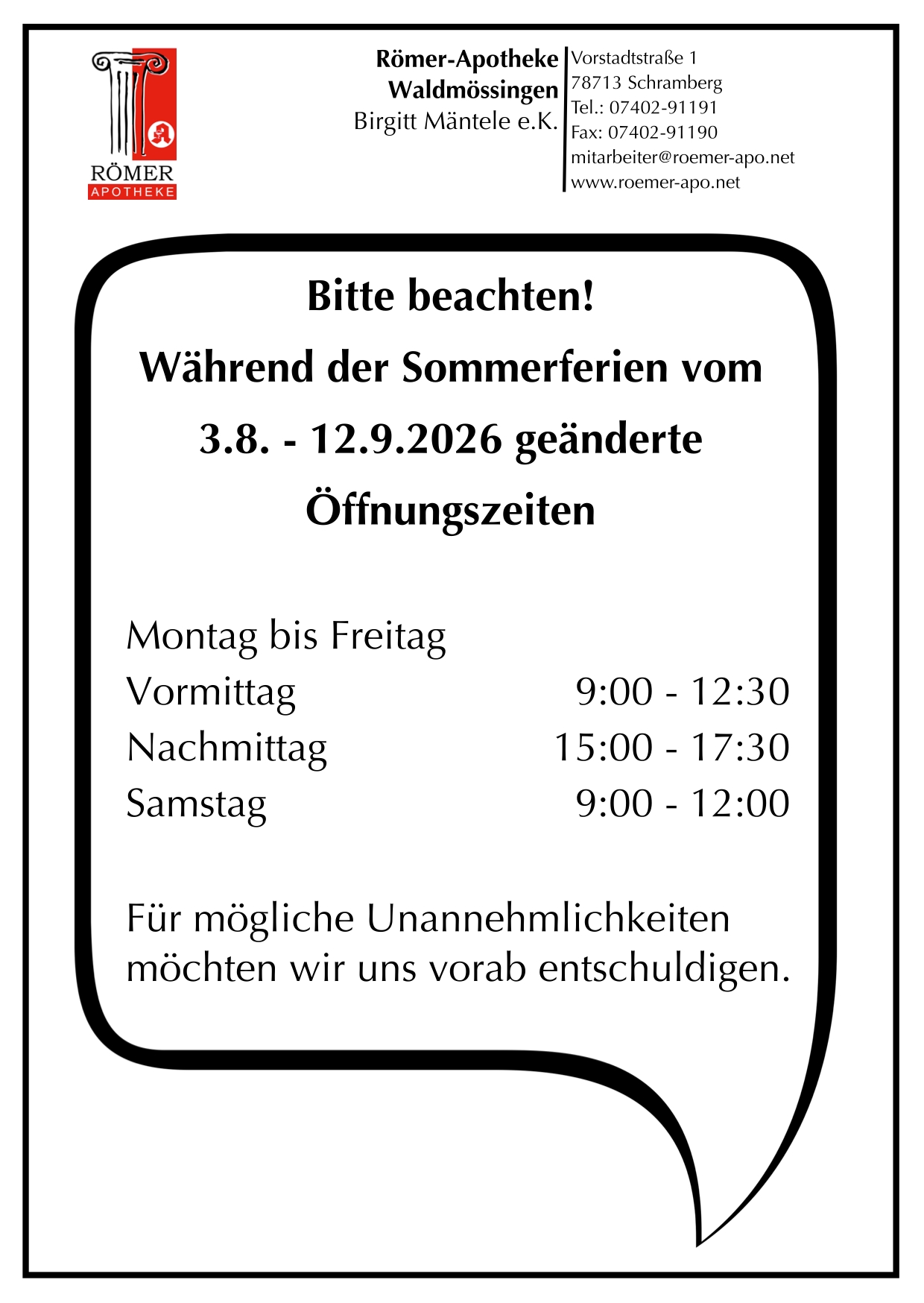 Sommeröffnungszeiten-Plan Sommeröffnungszeiten-Plan 2026 der Römer-Apotheke Waldmössingen