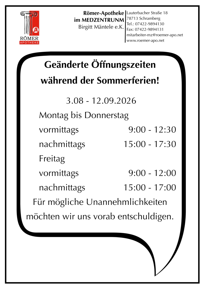 Sommeröffnungszeiten-Plan Sommeröffnungszeiten-Plan 2026 der Römer-Apotheke im MEDZENTRUM